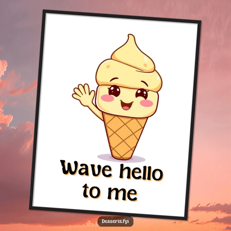 Funny digital art print of a smiling ice cream cone character waving excitedly, offering a cool, cheerful, and humorous decorative accent.