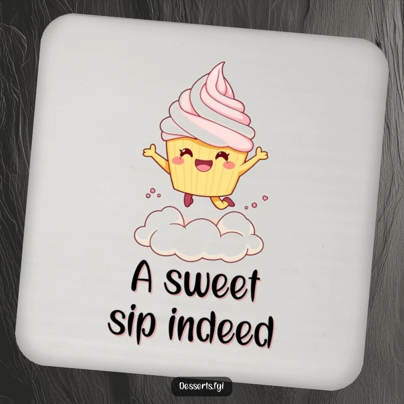 Funny Coaster: A cheerful cupcake character joyfully leaps into a cloud of fluffy whipped cream.