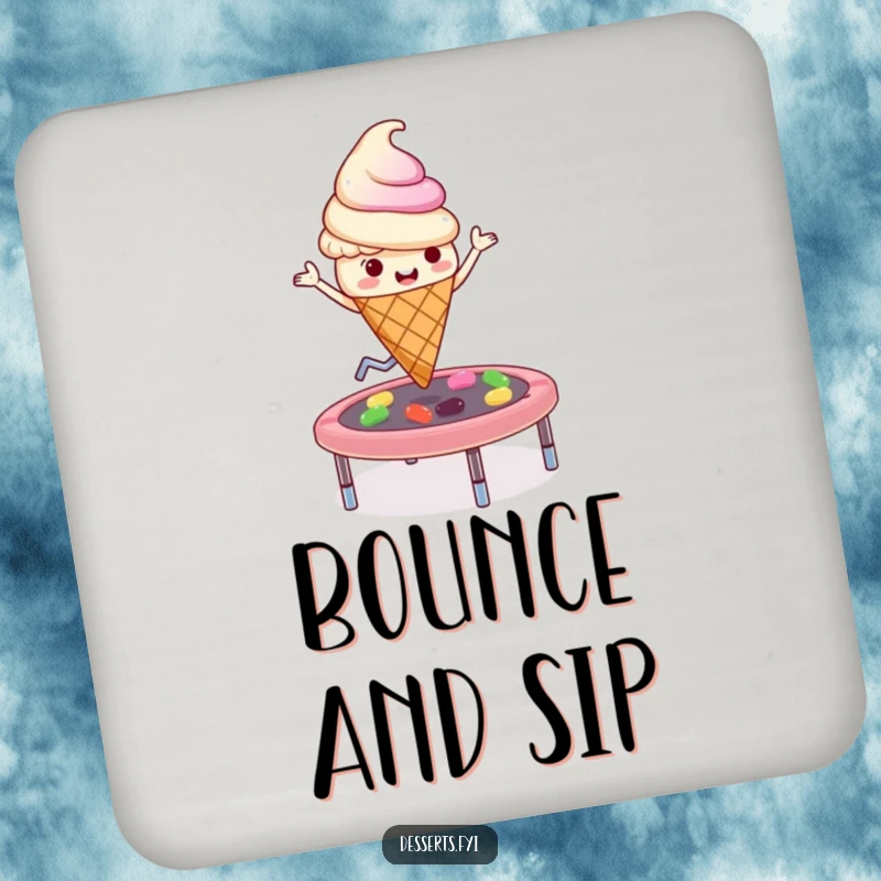 Funny playful ice cream cone character bouncing on a jelly bean trampoline on a drink coaster, adding fun to any table.