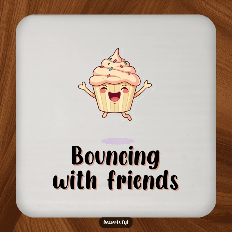 Funny Drink Coaster: Joyful cupcake with sprinkles leaping enthusiastically.