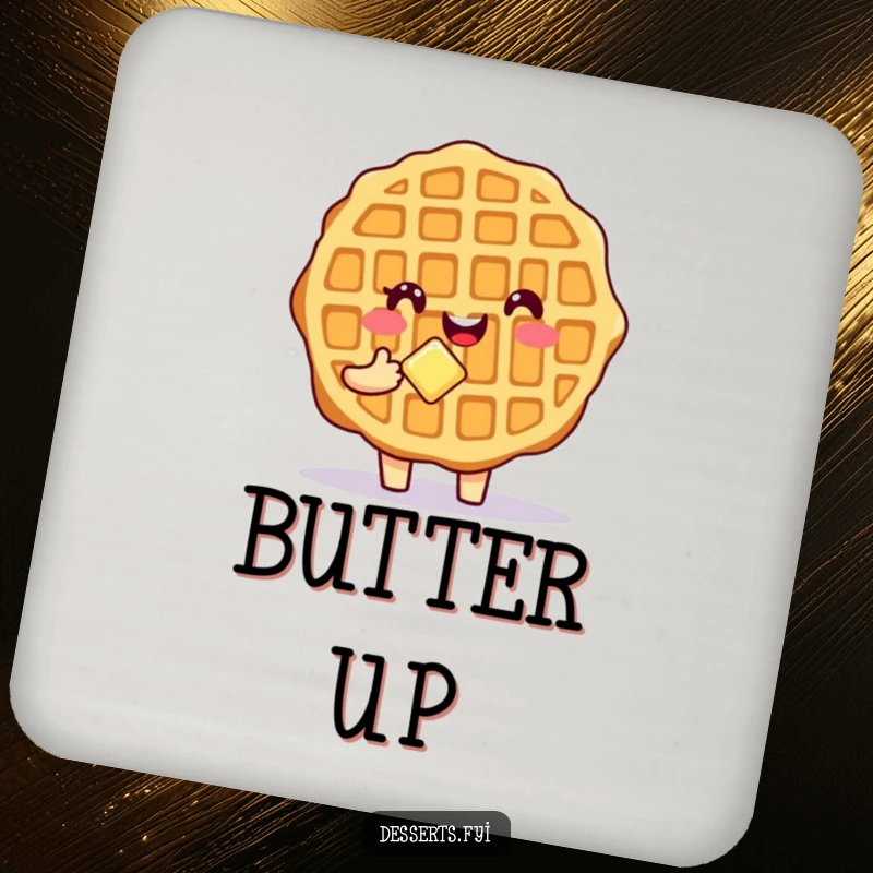 Funny Waffle Drink Coaster featuring a smiling waffle character holding butter, protecting surfaces with breakfast humor.