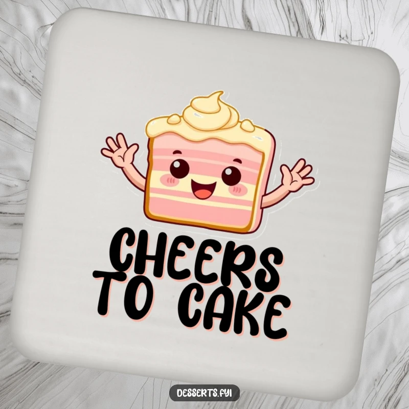 Funny coasters featuring a playful slice of cake with frosting arms waving enthusiastically.