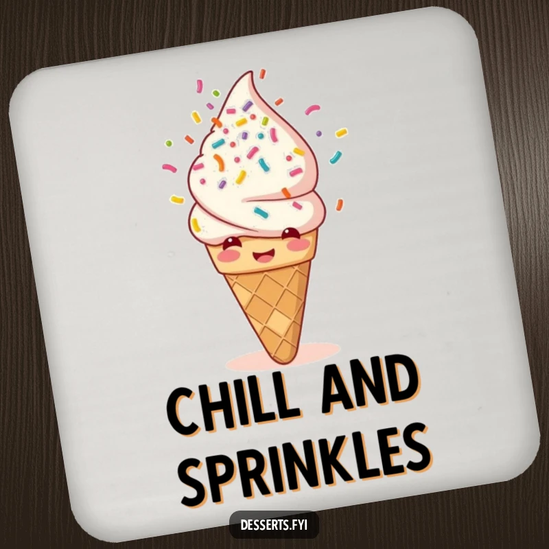 Funny drink coaster with a giggling ice cream cone showering itself with rainbow sprinkles. A sweet and humorous way to protect tables.