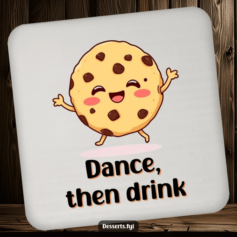Funny Coaster featuring a cookie with chocolate chips dancing, adding a touch of sweet humor and protection to your furniture.