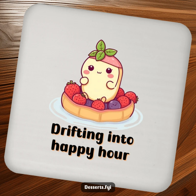 Funny drink coaster featuring a buoyant tart character floating on a berry raft, adding sweet humor and charm to any table.