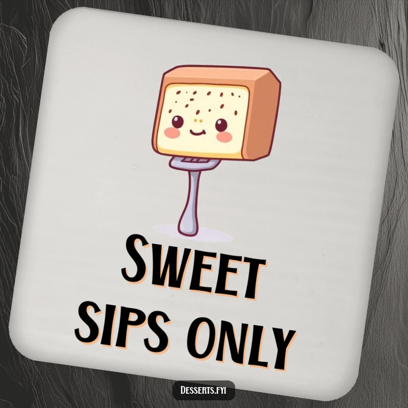 Funny candy bar drink coasters featuring a delighted candy bar balancing a tiny fork, perfect for protecting surfaces with sweet-themed humor.