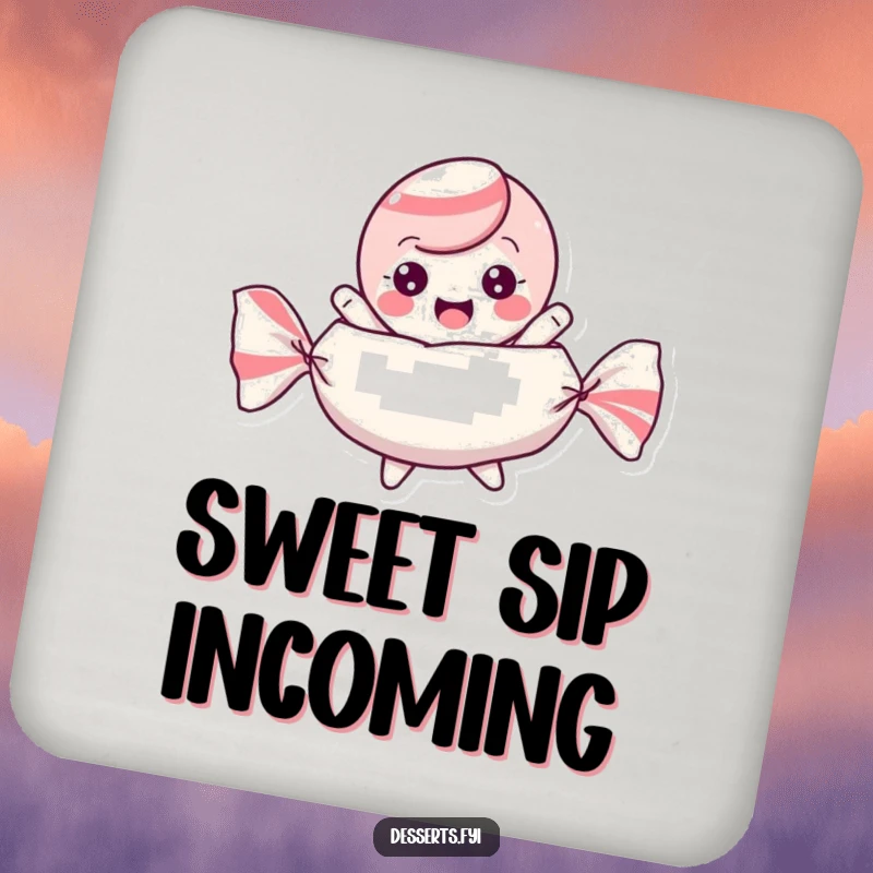 Funny drink coaster showing a playful candy character bouncing excitedly inside its wrapper, bringing sweet joy.
