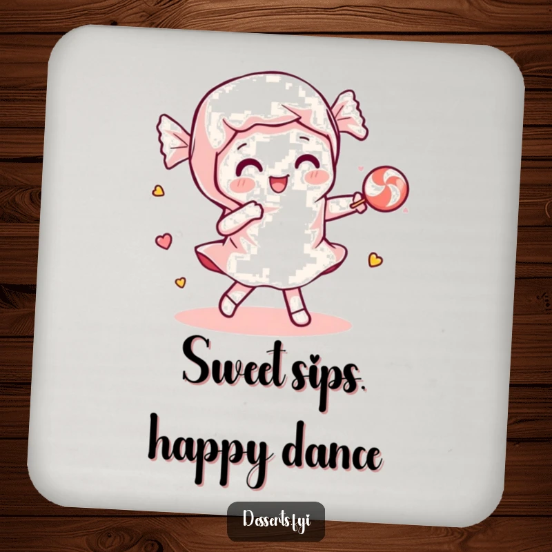 Funny drink coasters showcasing a playful candy wrapper dancing with a piece of candy, adding sweet charm to tabletops.
