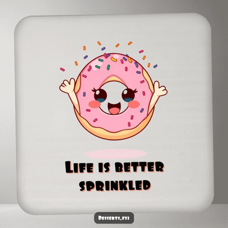 Funny donut drink coaster featuring a character joyfully tossing sprinkles, protecting surfaces with a smile.