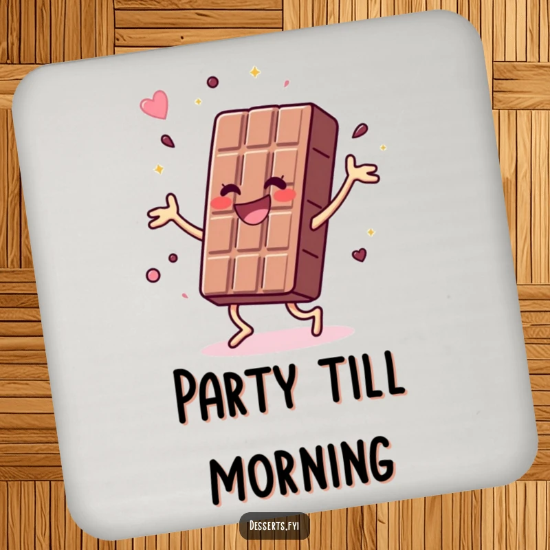 Funny drink coaster featuring a joyful chocolate bar doing a vibrant, energetic dance, adding a burst of sweet energy and fun to any tabletop.