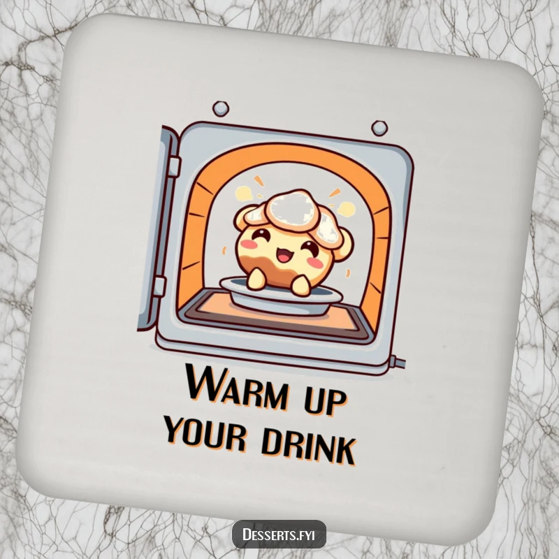 Funny Drink Coasters: A delighted pie character peeks from a warm oven, providing sweet, humorous protection for tables.