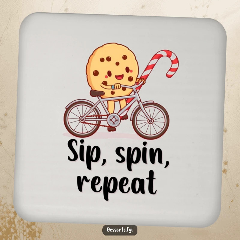 Funny drink coaster featuring a whimsical cookie character riding a miniature bicycle around a candy cane, adding humor to your table.