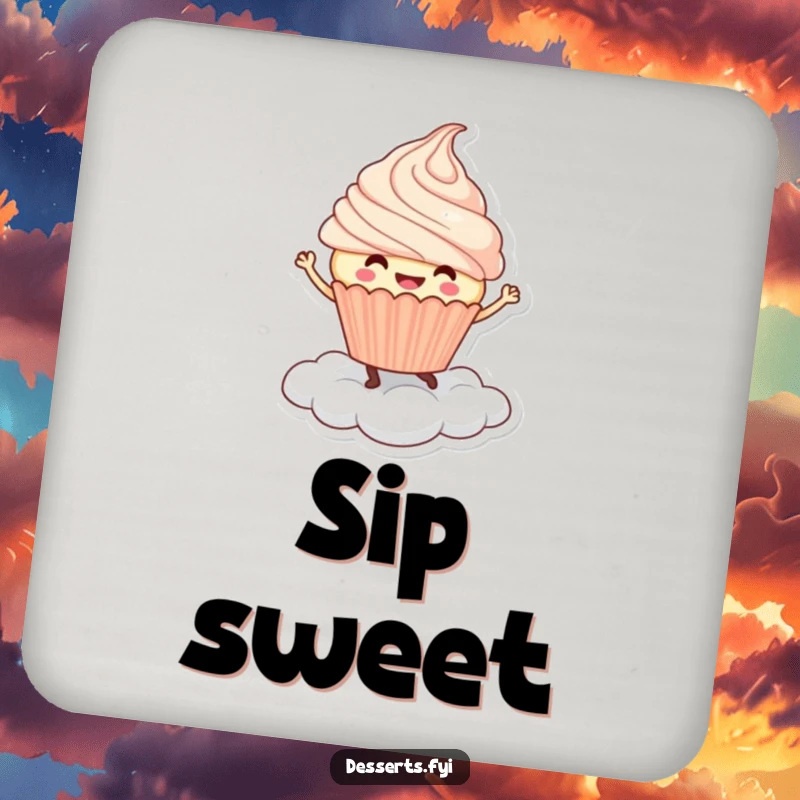 Funny Coaster: A smiling cupcake character dances joyfully on a whipped cream cloud, offering sweet and humorous table protection.