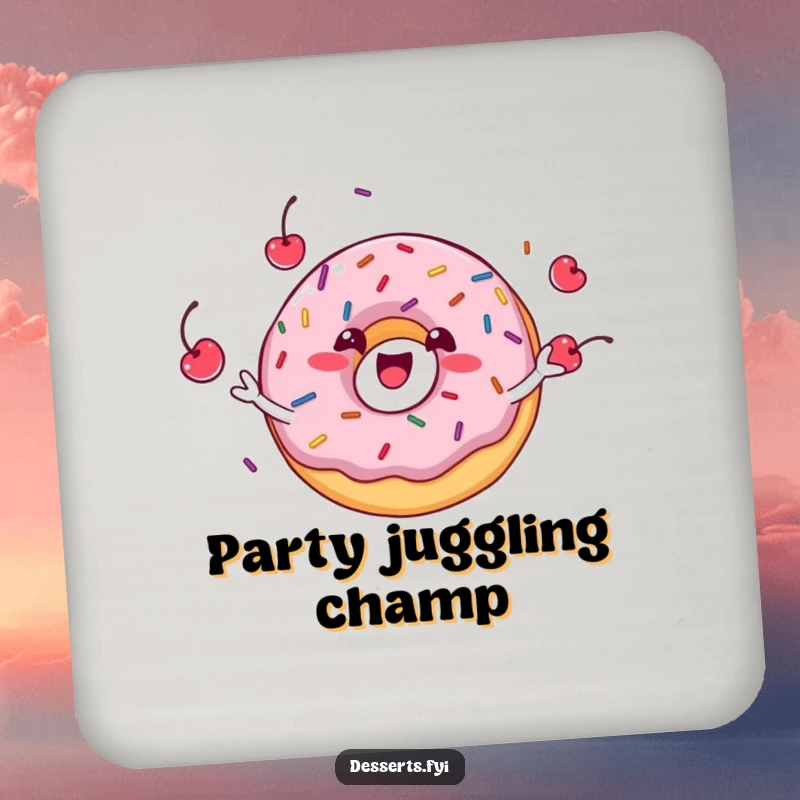 Funny donut character juggling sprinkles and cherries on a drink coaster, adding a touch of sweet delight to any table.