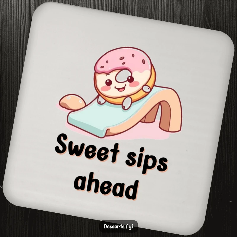Funny drink coaster featuring a cheerful donut with frosting, gleefully sliding down a slide, protecting surfaces with a joyful design.