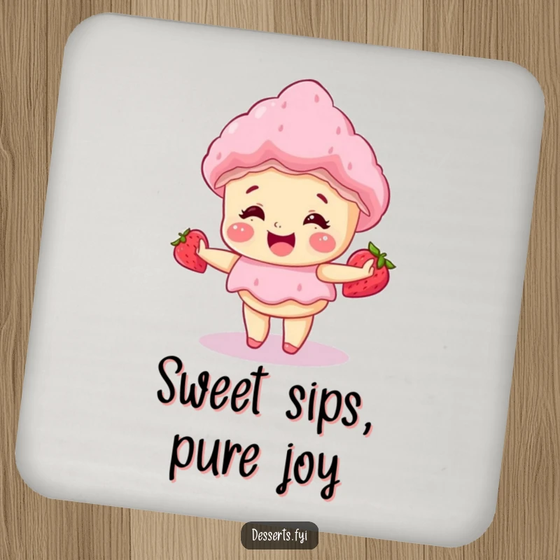Funny drink coasters showcasing a giggling strawberry shortcake doing a happy little spin, adding sweet charm to tabletops.