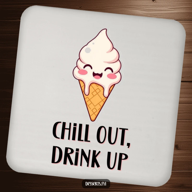 Funny drink coaster featuring a joyful ice cream cone character melting slightly, protecting surfaces with sweet, delightful humor.