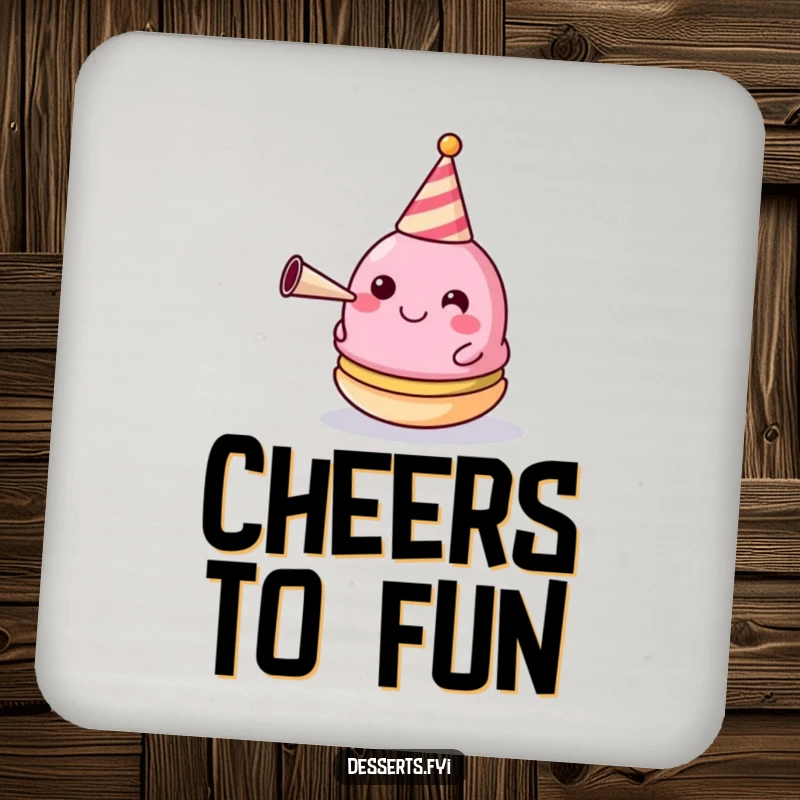 Funny Coaster: A happy macaron wearing a tiny party hat and blowing a horn, perfect for drinks.