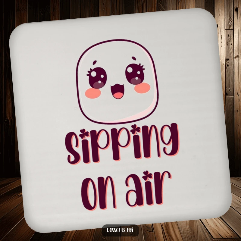 Funny drink coaster featuring a surprised marshmallow floating upwards with wide, happy eyes, adding a touch of whimsical surprise to any tabletop.