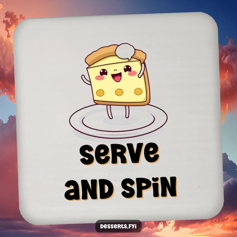 Funny Coaster: A playful pie slice cheerfully does a cartwheel across a plate, offering energetic and humorous table protection.