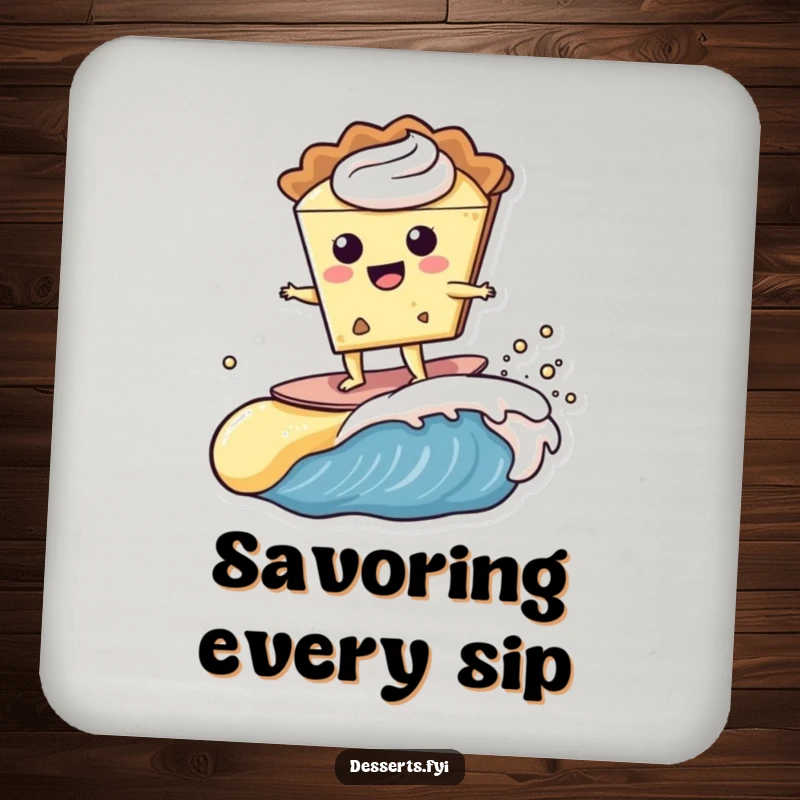 Funny happy slice of pie character surfing a creamy custard wave on a drink coaster, a humorous and practical table accessory.