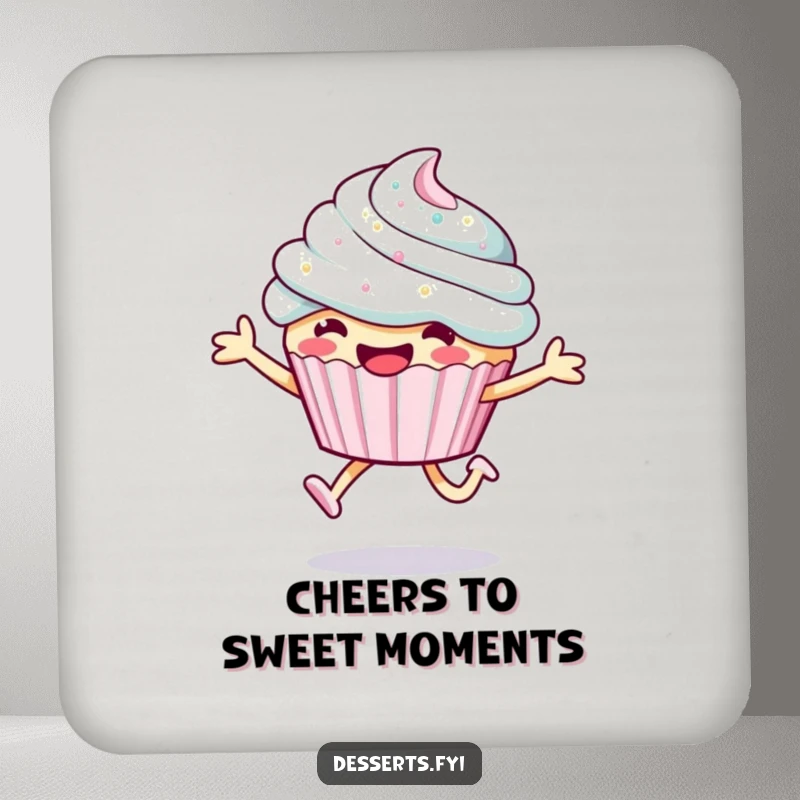 Funny cupcake drink coaster featuring a character leaping with sparkly frosting, protecting surfaces with sweetness and humor.