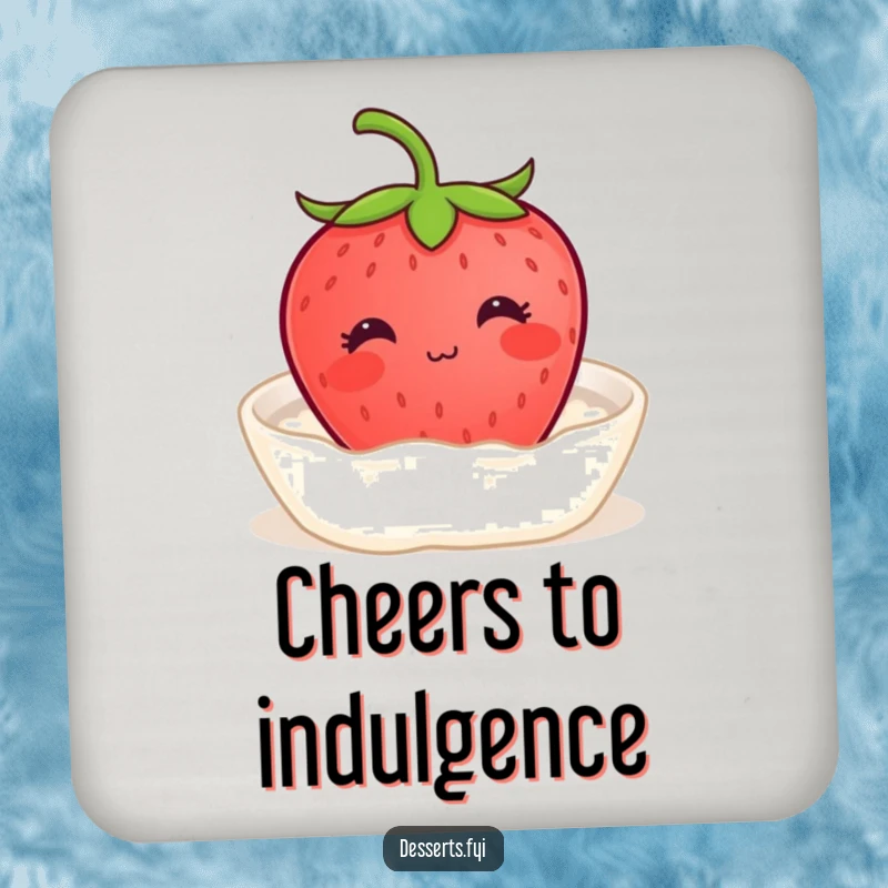 Funny drink coaster featuring a content strawberry with a tiny smile enjoying a bath of cream, adding sweet serenity and blissful protection to any tabletop.