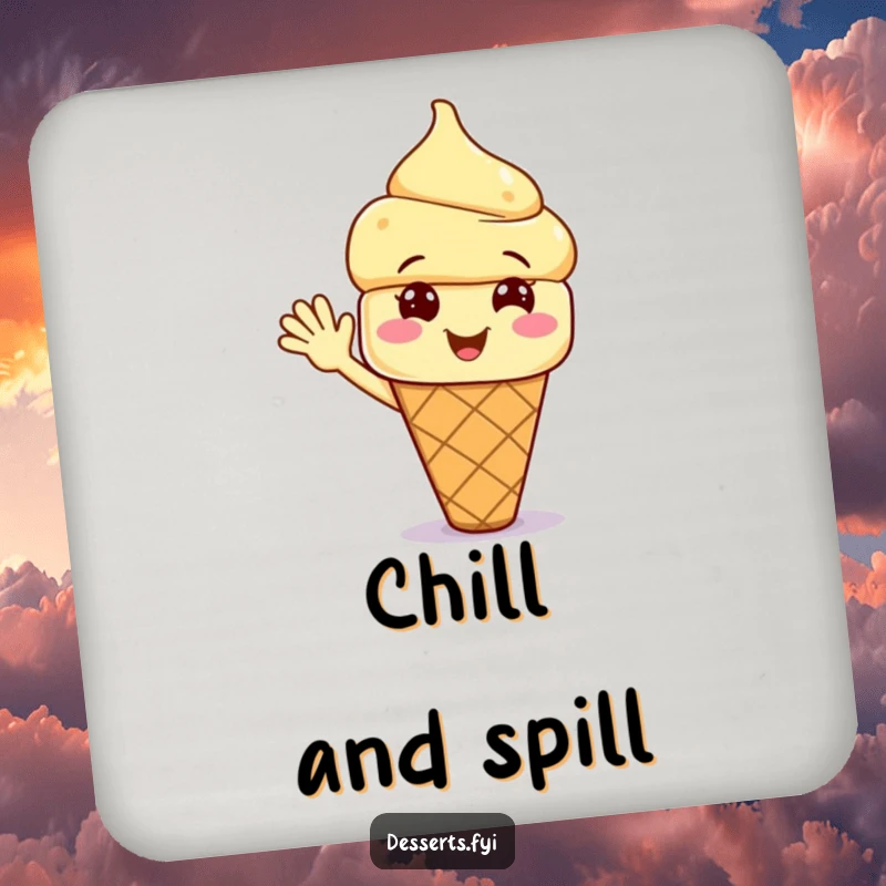 Funny drink coasters featuring a smiling ice cream cone character waving, protecting furniture while adding a cheerful and humorous element.