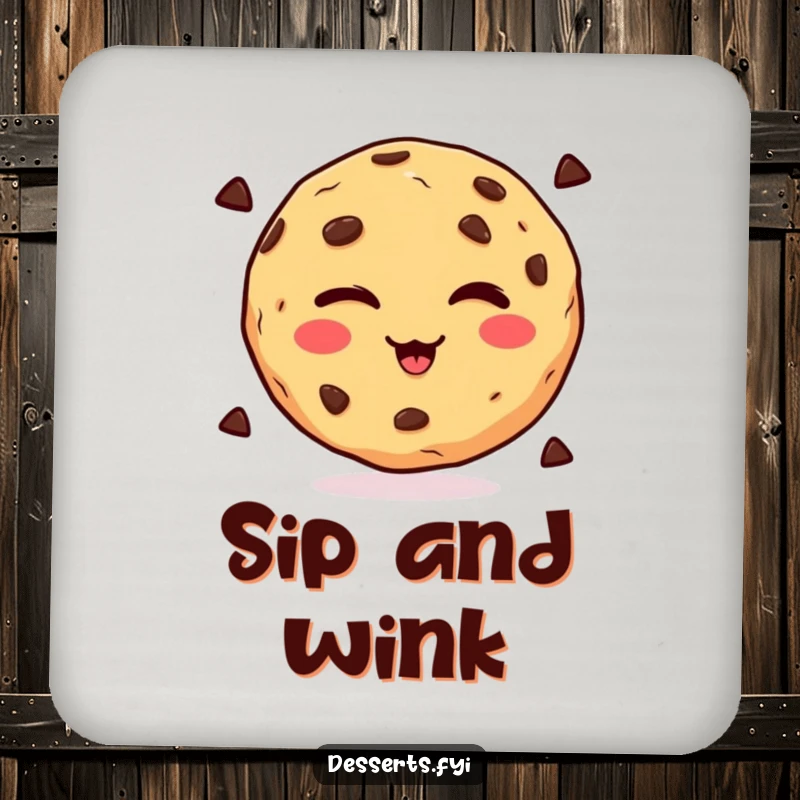 Funny winking chocolate chip cookie design on a drink coaster, adding playful protection to surfaces, a delightful funny gift.