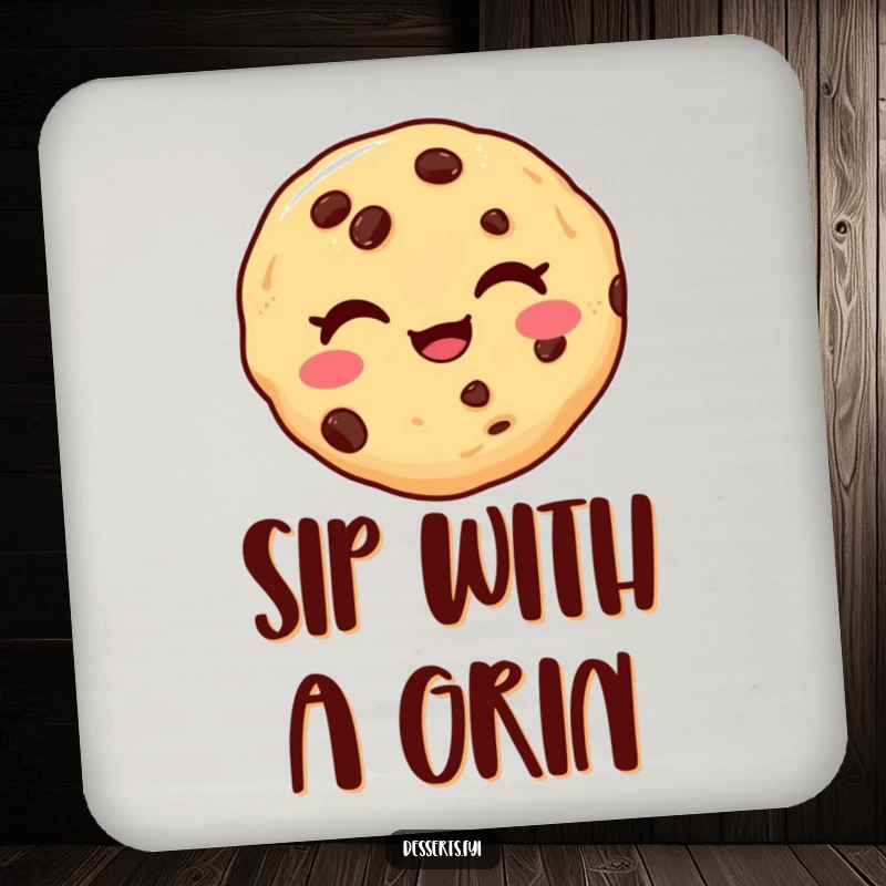 Funny drink coaster featuring a delighted chocolate chip cookie winking playfully, protecting surfaces with a humorous and sweet design.