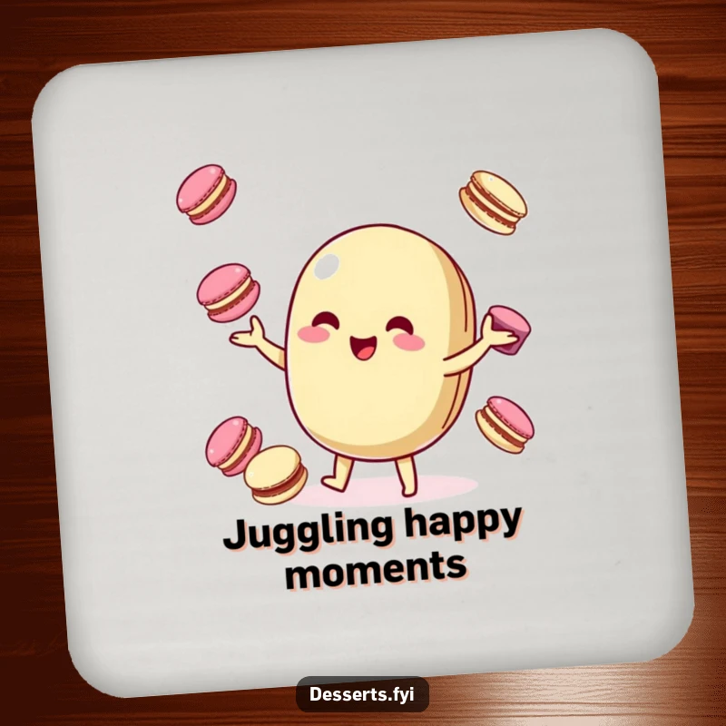 Funny Drink Coasters: A playful macaroon character juggles colorful macarons, providing sweet, humorous protection for tables.