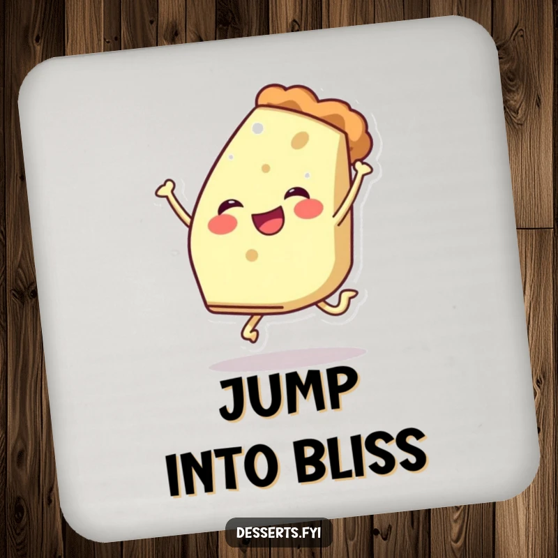 Funny drink coaster with a cheerful slice of pie character mid-leap, a humorous and functional home accessory for dessert lovers.