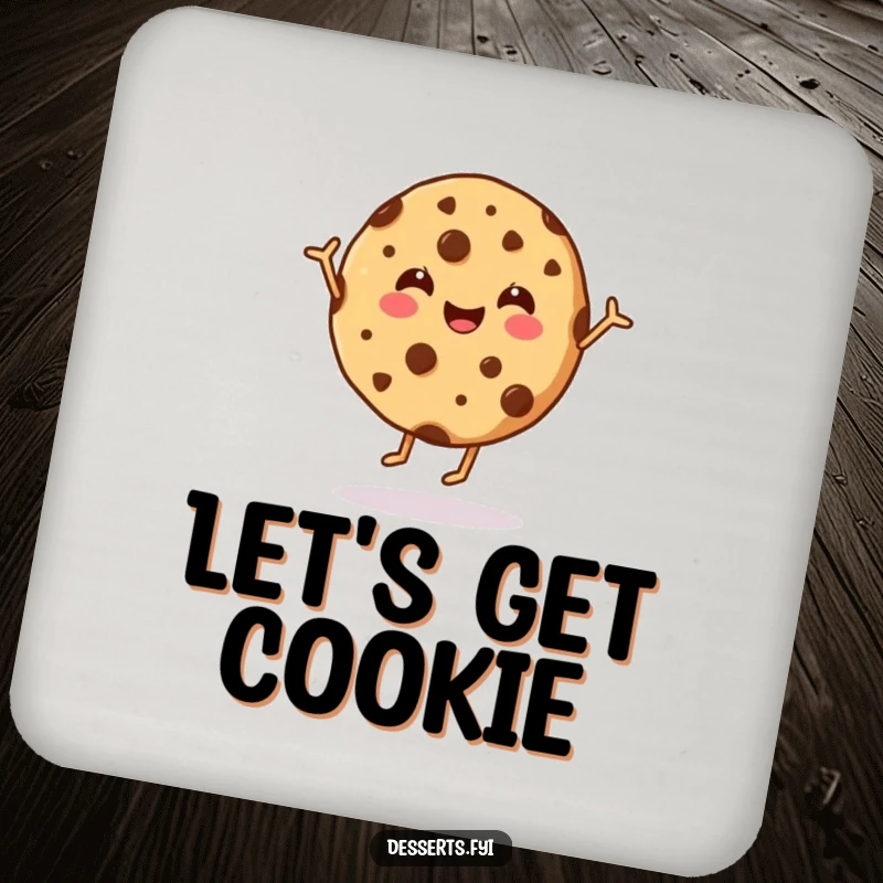 Funny cookie coasters featuring a happy dancing chocolate chip cookie, offering protection and a cheerful, sweet touch.