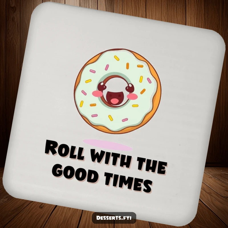 Funny drink coaster with a cheerful donut character doing a somersault, adding playful charm to tabletops.