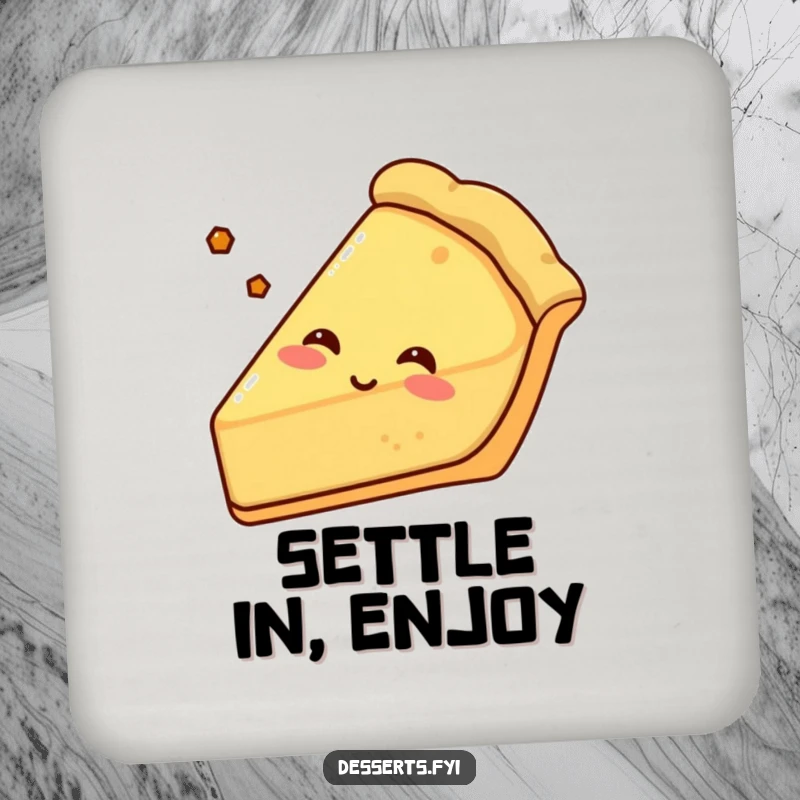 Funny pie coaster showcasing a content pie slice with a crusty edge, sighing happily, adding a joyful and protective element to tables.