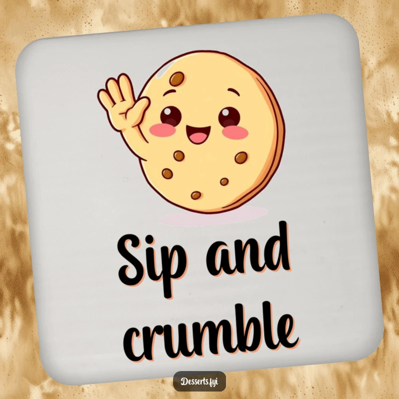 Funny drink coaster featuring a charming cookie character giving a cheerful wave, protecting tables with delightful humor.
