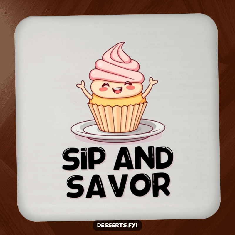 Funny Coaster: A smiling cupcake doing a joyful jig on a plate, decorating your table.