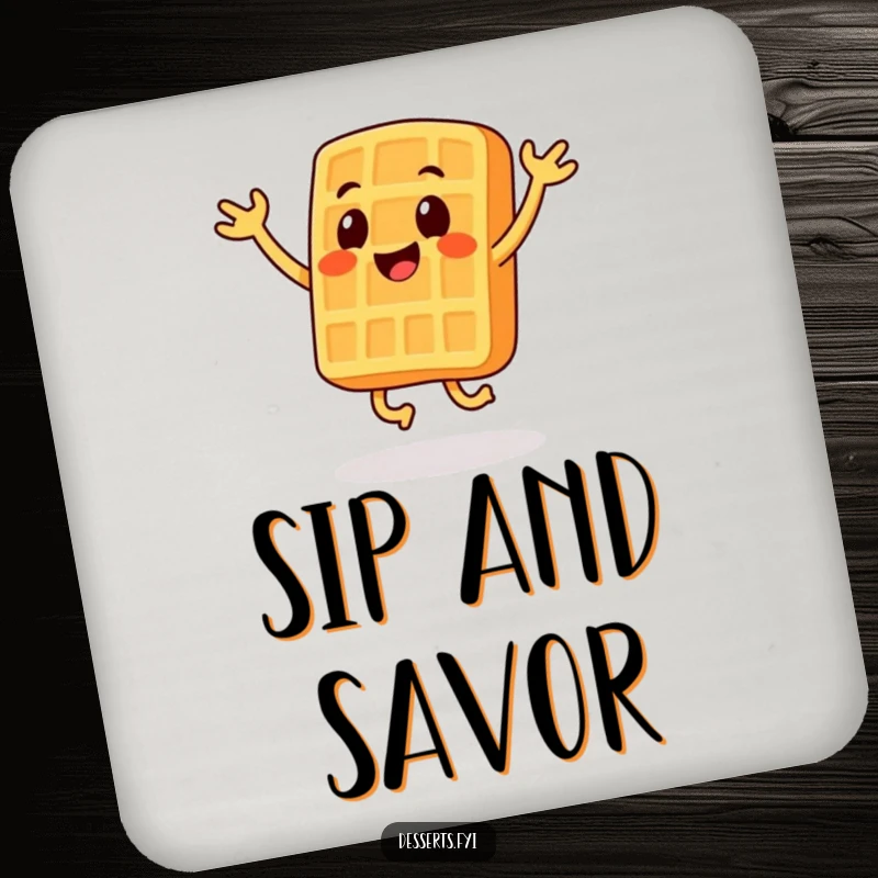 Funny drink coasters featuring a smiling waffle character doing jumping jacks, protecting surfaces with playful energy.