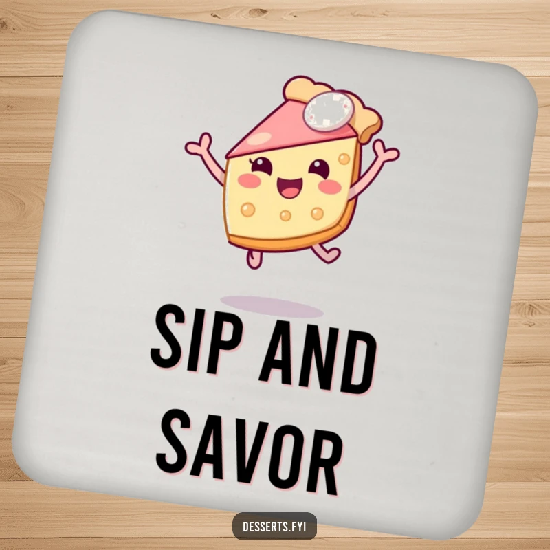 Funny drink coaster featuring a happy slice of pie leaping gleefully, adding a humorous element to drink service. Protects surfaces with a smile.