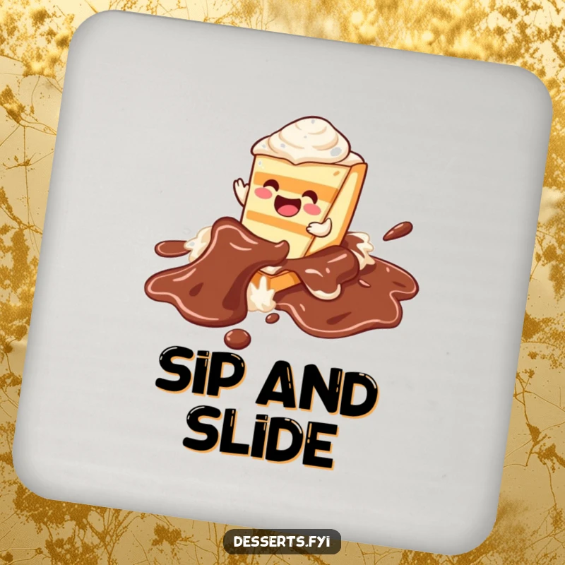 Funny cake drink coaster featuring a character happily sliding on a chocolate syrup river, protecting surfaces with sweetness.