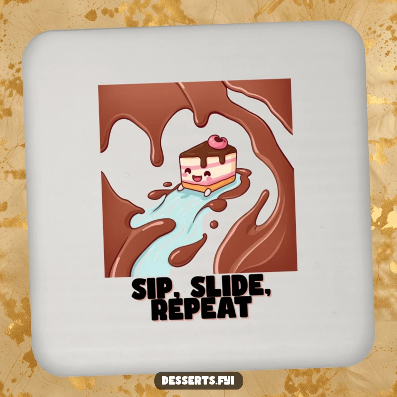 Funny cake character sliding down a chocolate syrup river on a drink coaster, a small but humorous addition to any table.