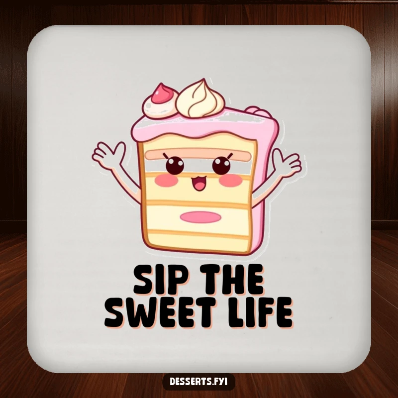 Funny Coaster featuring a smiling cake slice whose frosting arms wave, adding a touch of sweet humor and protection to your furniture.
