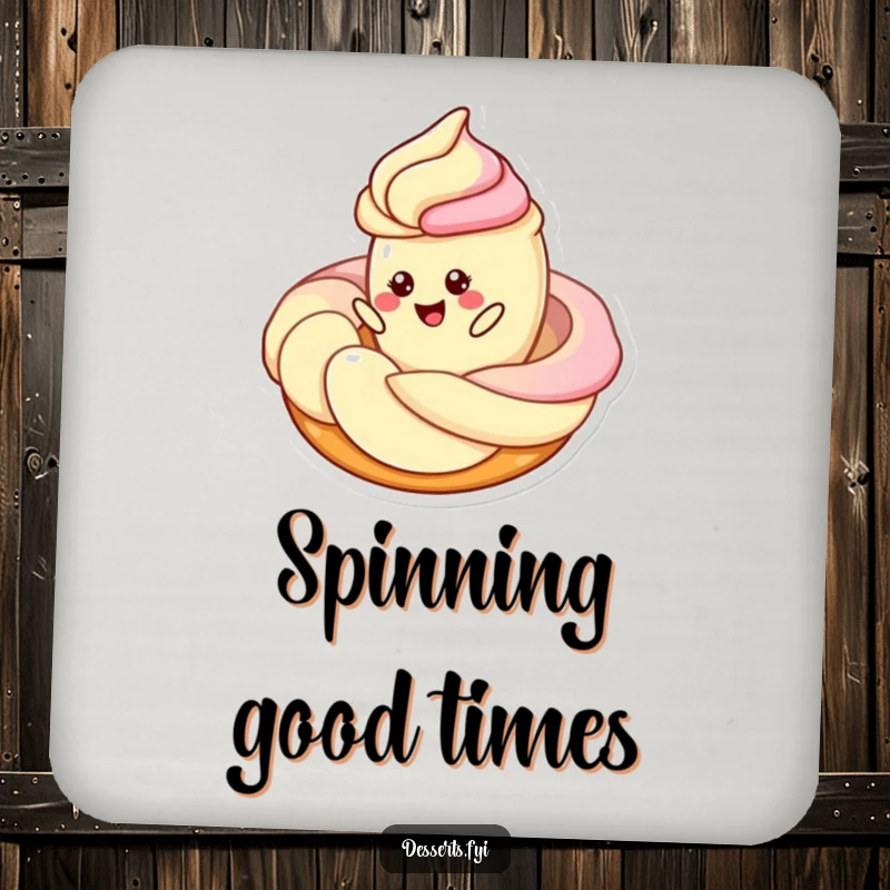 Funny drink coaster featuring a cheerful pastry character twirling around a swirl of frosting, adding sweet humor and charm to any table.