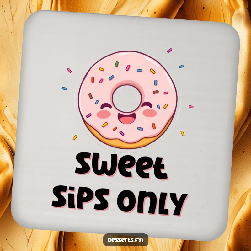 Funny drink coaster featuring a joyful donut character with scattered sprinkles, protecting surfaces with sweet, delightful humor.