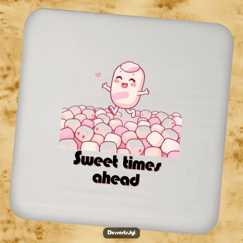 Funny drink coaster featuring a gleeful candy character skipping through a marshmallow field, adding a touch of sweet humor to any table.