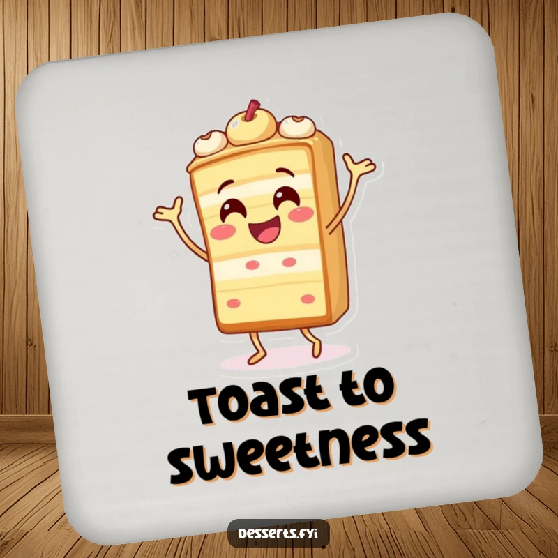 Funny drink coasters featuring a cheerful cake slice character doing a silly dance, protecting surfaces with party flair.