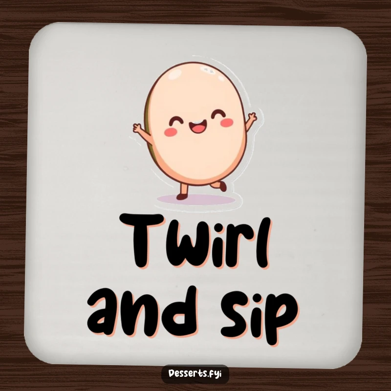 Funny Macaron Drink Coaster featuring a delighted character twirling, protecting surfaces with sweet Parisian-themed humor.