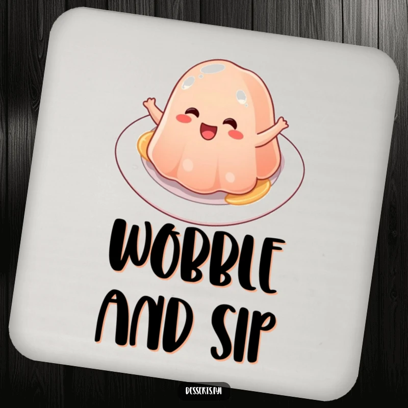 Funny jelly drink coaster featuring a character joyfully bouncing with delight, protecting surfaces with a jiggly smile.