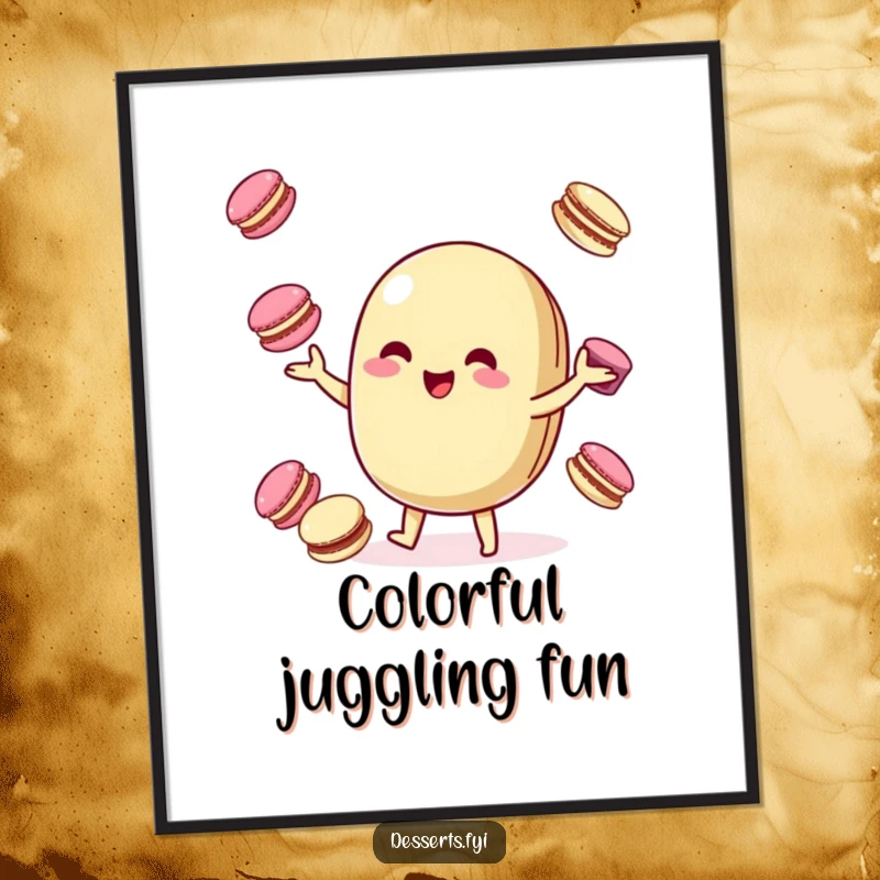 Funny Poster: A playful macaroon character happily juggles smaller, colorful macarons, creating a whimsical and sweet piece of art.