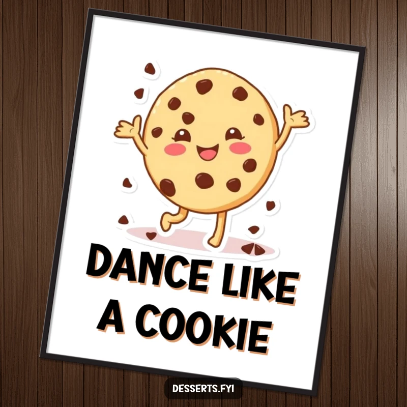 Funny cookie poster, a character doing a happy dance with chocolate chips, creating a visually cheerful and humorous scene.